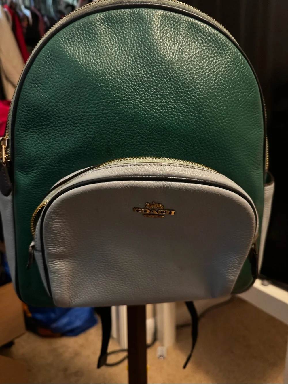 Coach Green and Light Gray Pebbled Leather Mini Backpack
